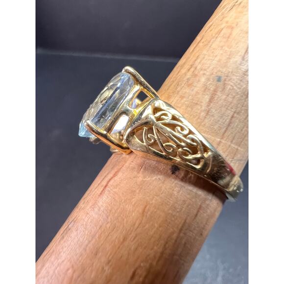 Vintage 14K Gold Aquamarine Solitaire Ring Filigree Statement Size 7 - Picture 9 of 16
